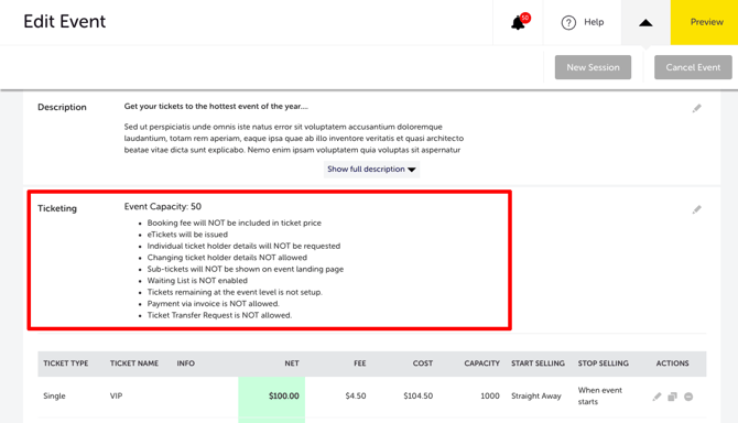 My Event - Edit Event - Ticketing Section