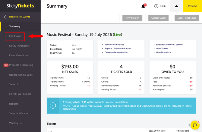 My Event - Edit Event tab