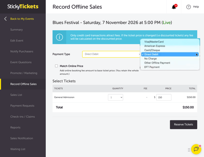 My Event - Record Offline Sales - Payment Type Select