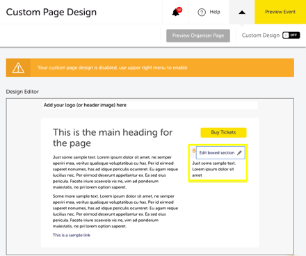 My Event -Organiser Page - Custom Design - Box Settings