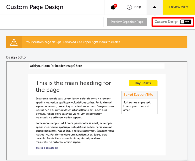 My Event -Organiser Page - Custom Design - Default Settings
