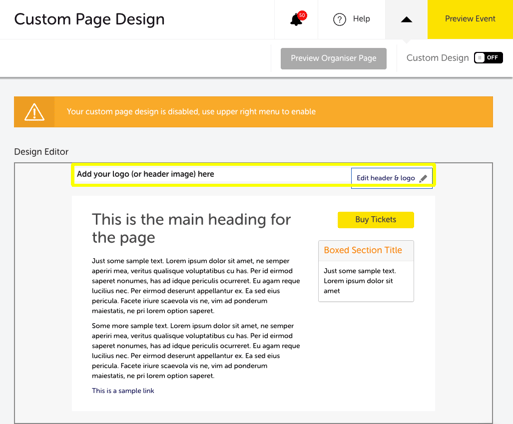 My Event -Organiser Page - Custom Design - Logo heading Settings