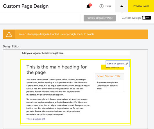 My Event -Organiser Page - Custom Design - Main Settings