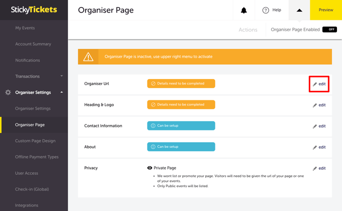 My Event -Organiser Page - Edit URL