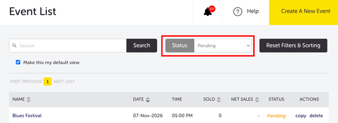 My Events - Filter Pending