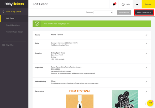 My Events - New Session - Make Event Live