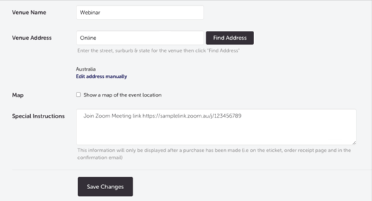 My Events - edit event - location - special instructions