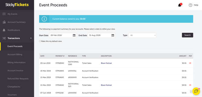 My Events- Transactions - Event Proceeds