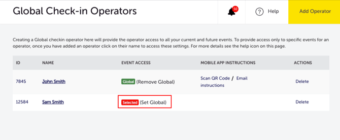 My Events-Organiser Settings - Checkin Global - Add Operator - No permission yet