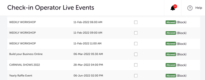 My Events-Organiser Settings - Checkin Global - Add Operator - set specific events