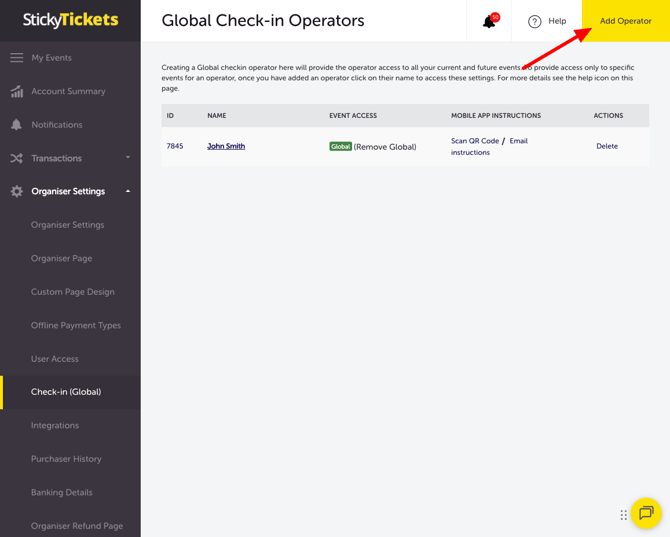My Events-Organiser Settings - Checkin Global - Add Operator