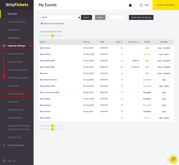 My Events-Organiser Settings - Checkin Global