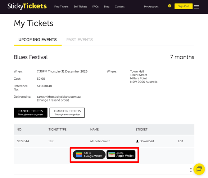 My Tickets - Add to google apple buttons showing