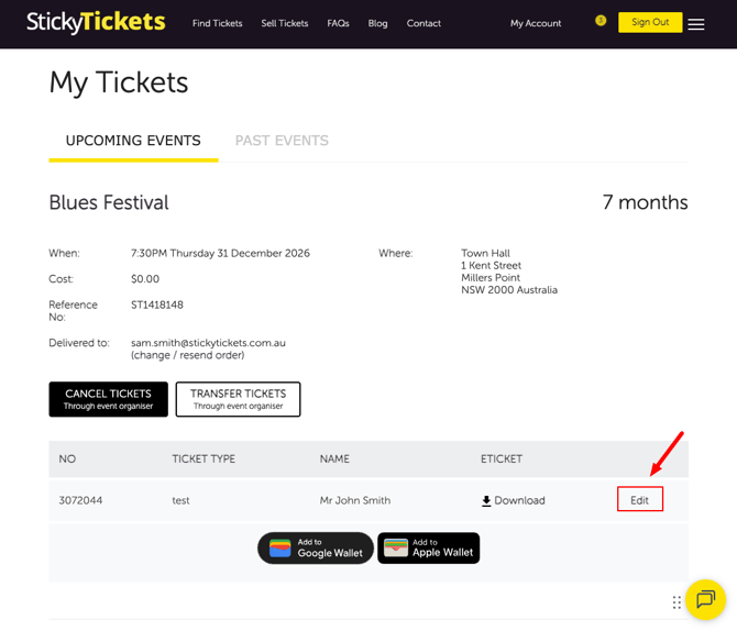 My Tickets - Edit Ticket option available