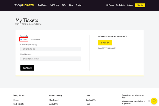 My Tickets - Order Search - Invoice Order Number
