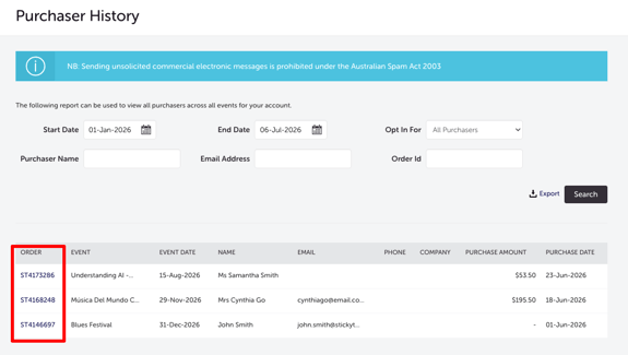 ORGANISER SETTING - PURCHASER HISTORY TAB - REPORT RESULT