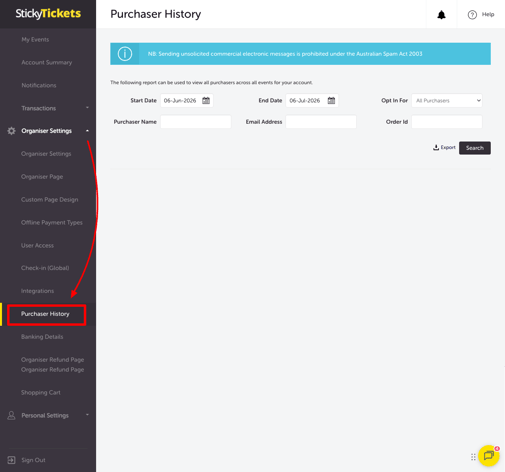 ORGANISER SETTING - PURCHASER HISTORY TAB