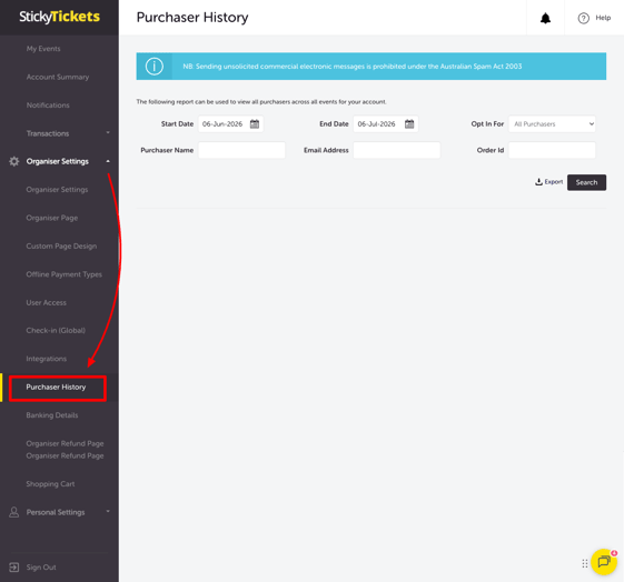 ORGANISER SETTING - PURCHASER HISTORY TAB