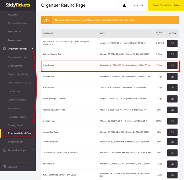ORGANISER SETTINGS - ORGANISER REFUND PAGE