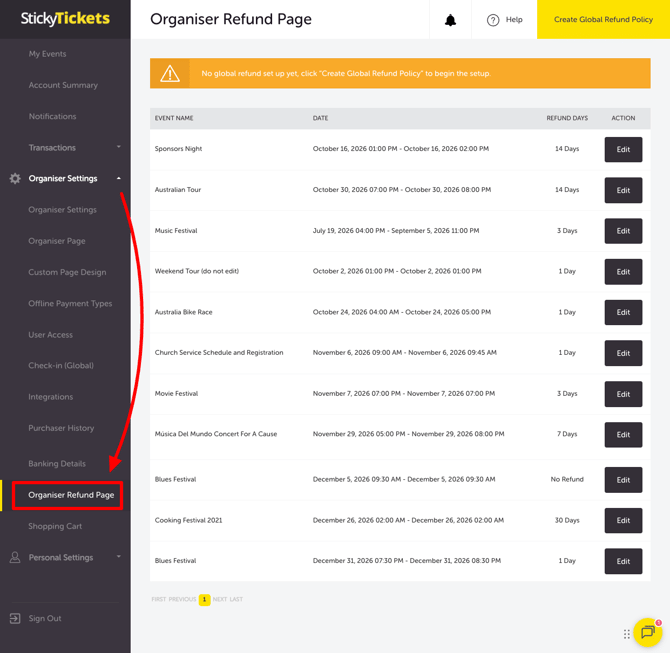 Organiser Settings - Organiser Refund Page tab