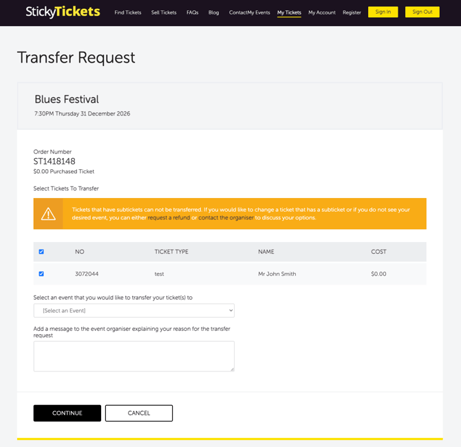 Transfer Ticket - Select Tickets - My Tickets