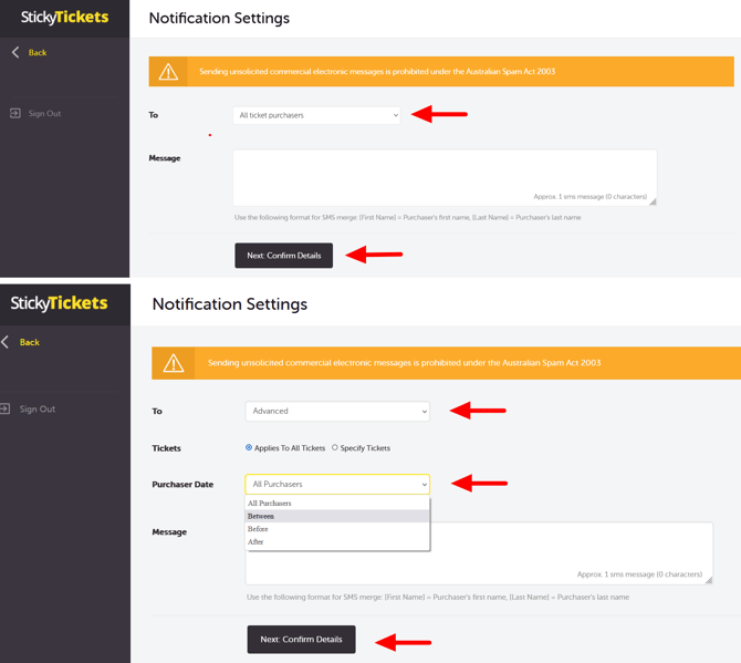Compose and SMS notification and filter the recipient