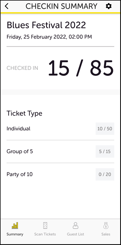 App checkin summary showing number of scanned tickets