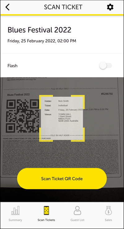 Using Scan Tickets button to scan tickets QR Code