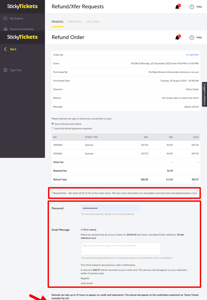 Reminder of the retained fee and option to enter a message before cancelling the order