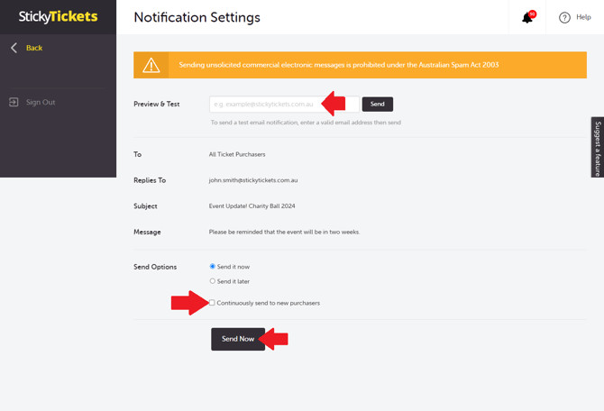Preview notification and selecting continuous send to purchaser