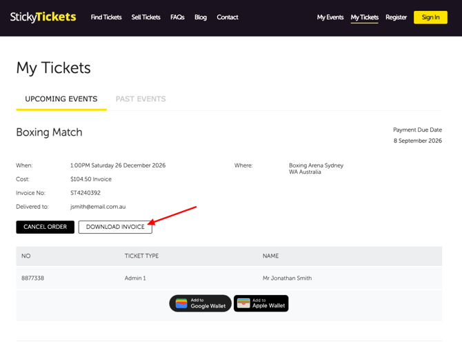 My Tickets - Download Invoice 2