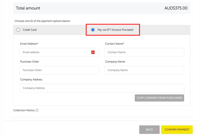 Payment Via EFT Invoice Provided